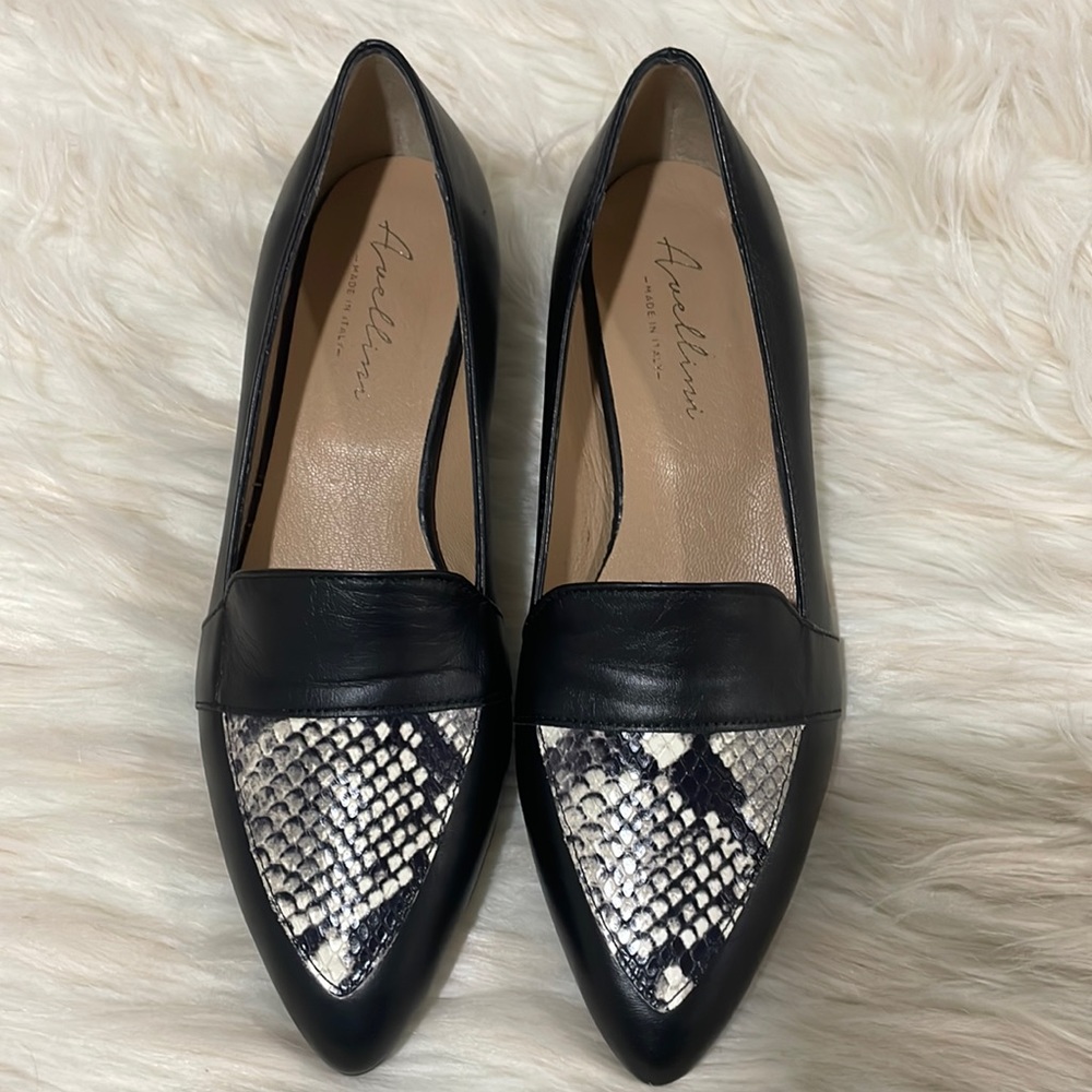 Arezzo Black Leather Pointed Loafers with Snake-Print Accent